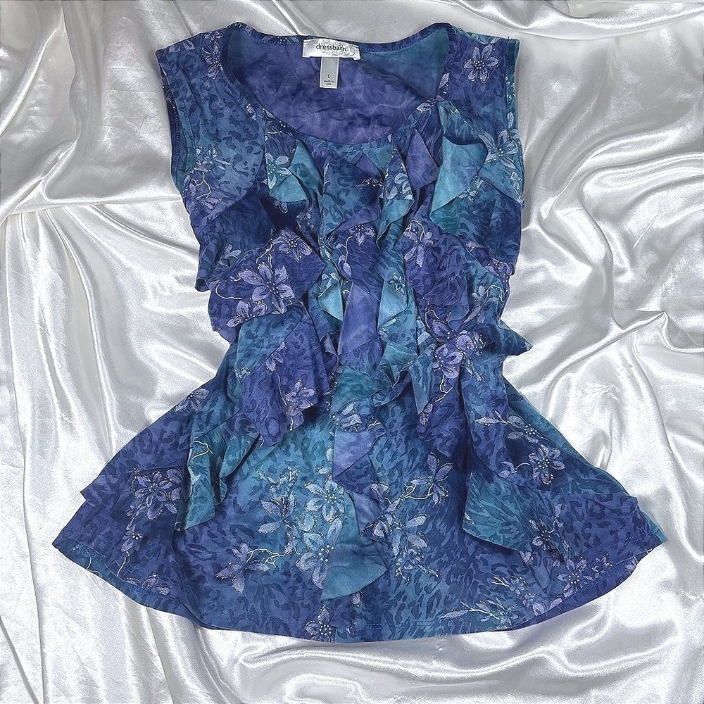 y2k Blouse Blue Excellent Dressbarn Ruffle Glitter Leopard Print Sleeveless L